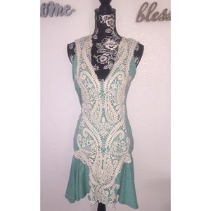 Elegant Lace Overlay Dress in Teal and Cream